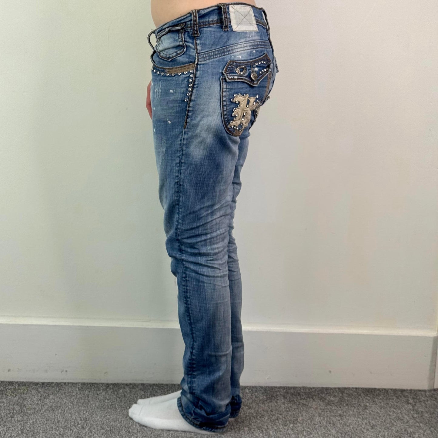 Y2K vintage low rise slim straight leg bootcut jeans faded denim rhinestones