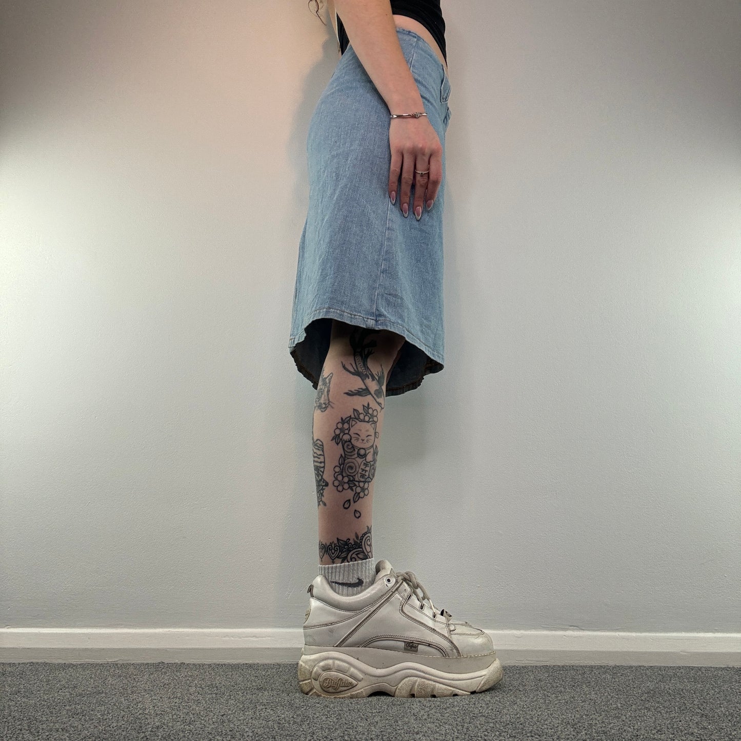 Y2K denim cargo midi skirt