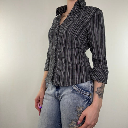 Y2K vintage pinstripe shirt 3/4 sleeve sparkly button up stretchy office fitted