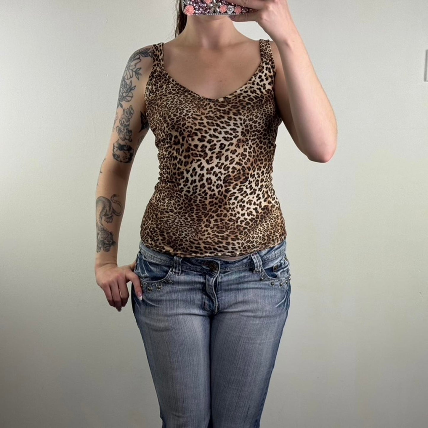 Y2K vintage leopard print tank top stretchy fitted low neckline open back