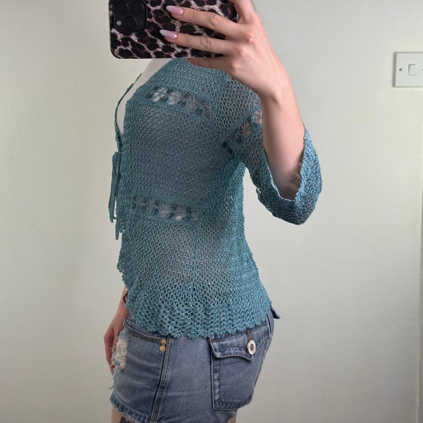 Y2K vintage crochet cardigan long sleeve tie bow turquoise scallop hem v neck