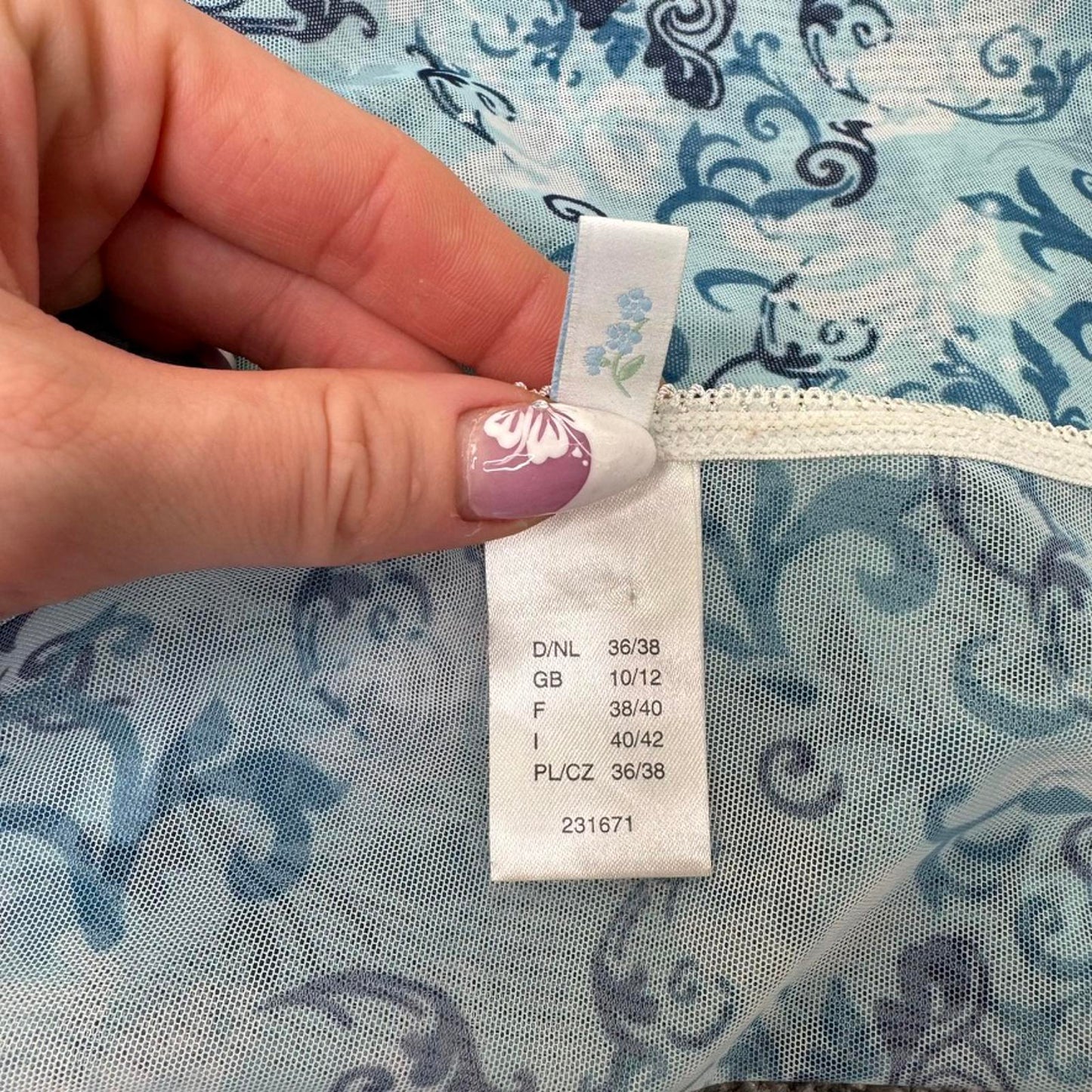 Y2K vintage mesh cami top lace trim filigree pattern bow sheer blue white fitted
