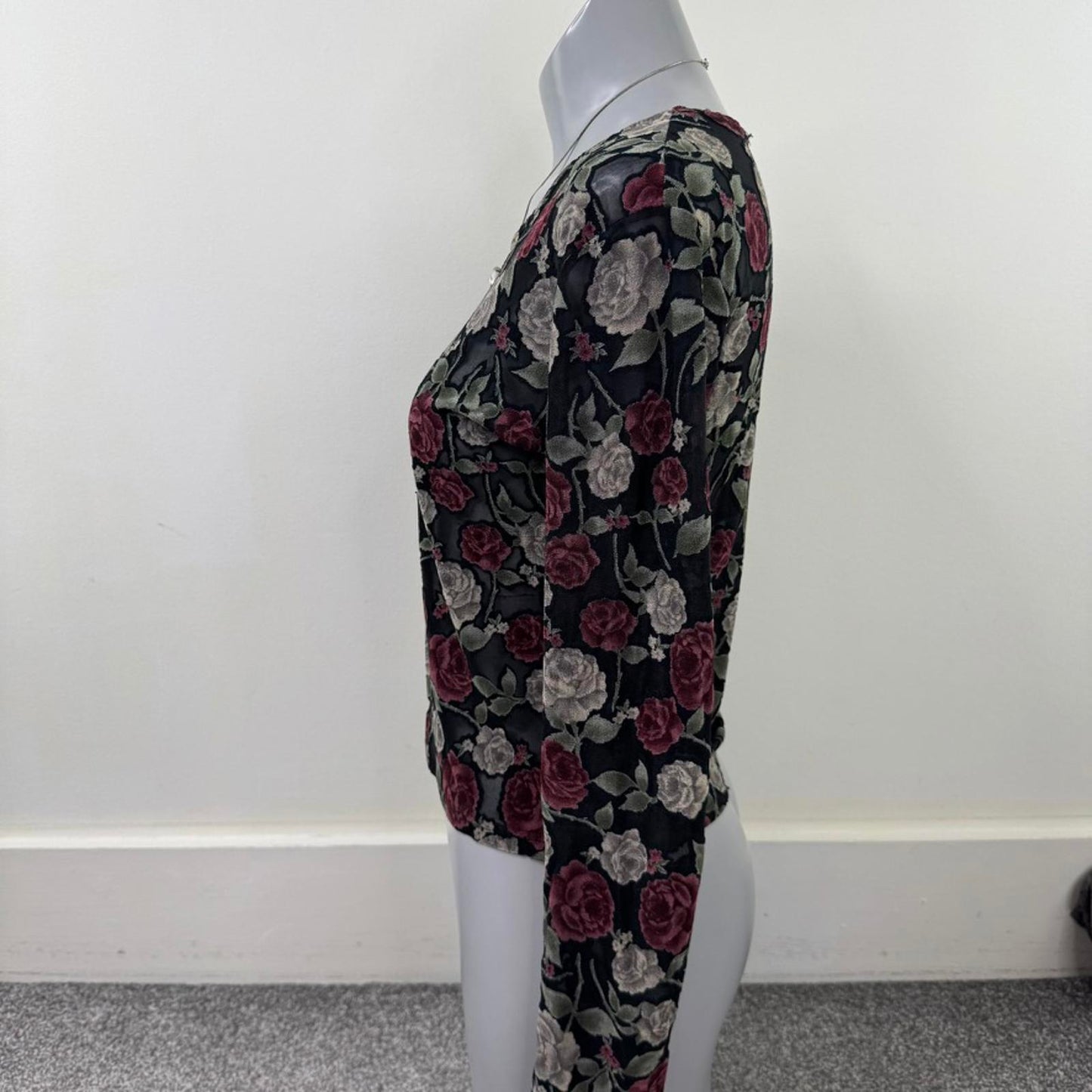 Y2K vintage mesh long sleeve top floral rose pattern sheer stretchy whimsigoth