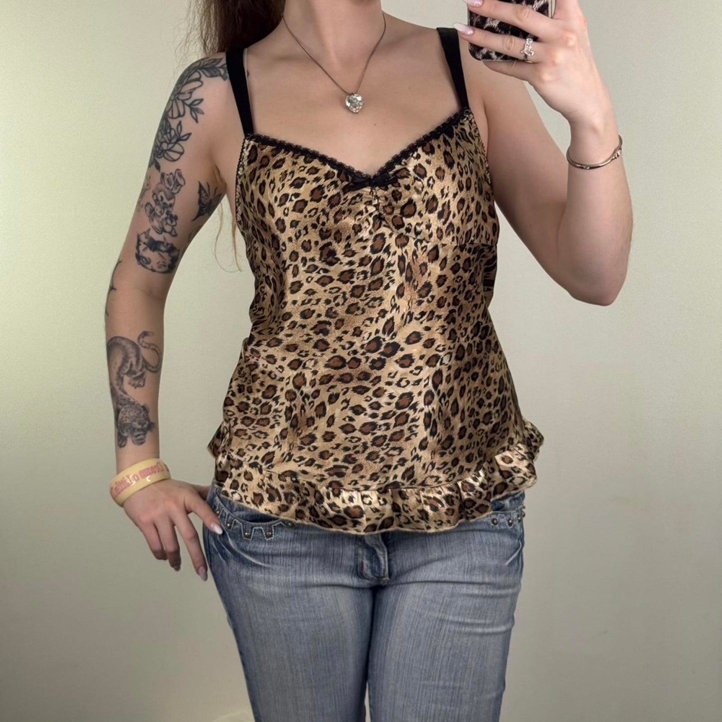 Y2K vintage cami top leopard print satin bow ruffle hem lace trim