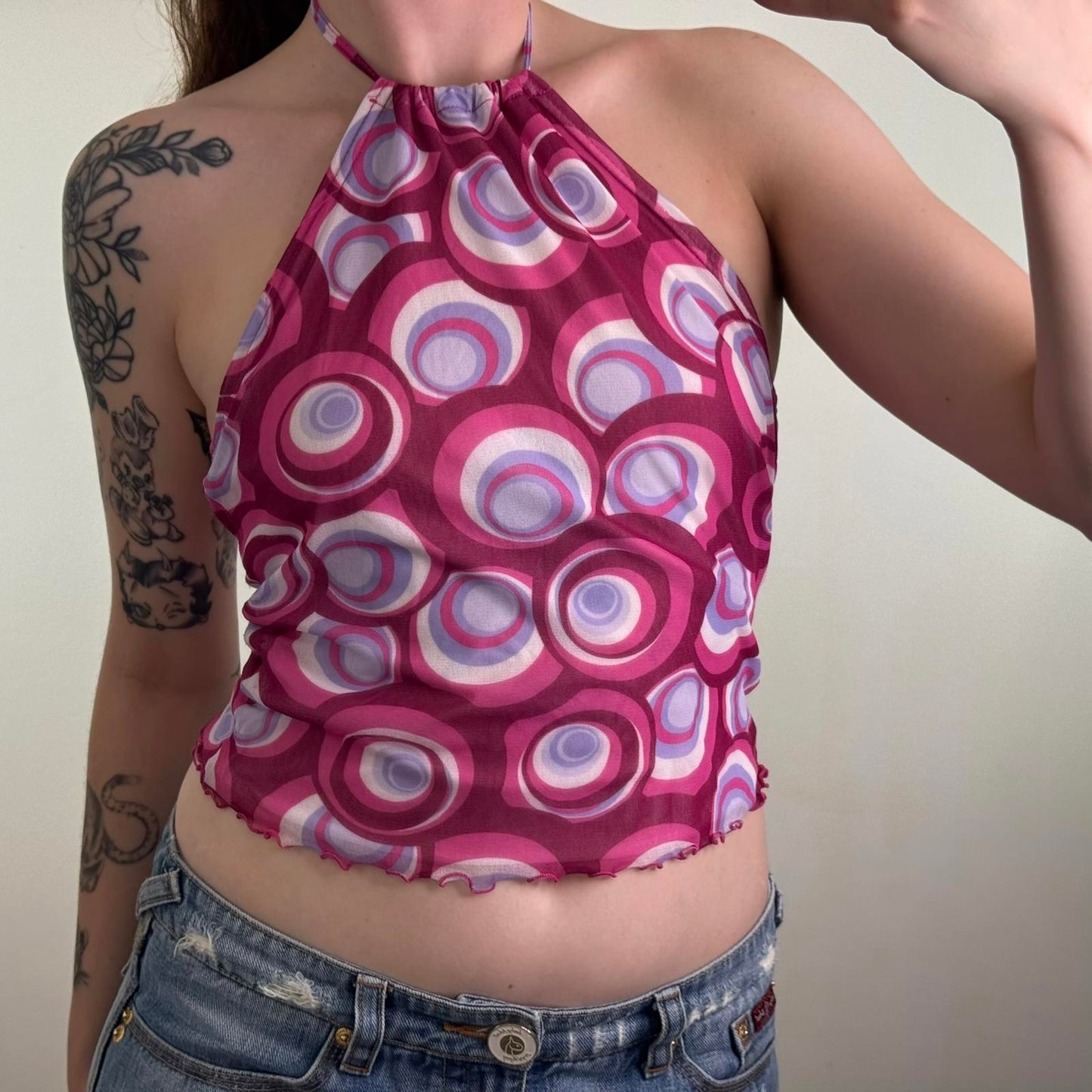 90s Y2K vintage mesh halter neck top double layer abstract circle pattern print