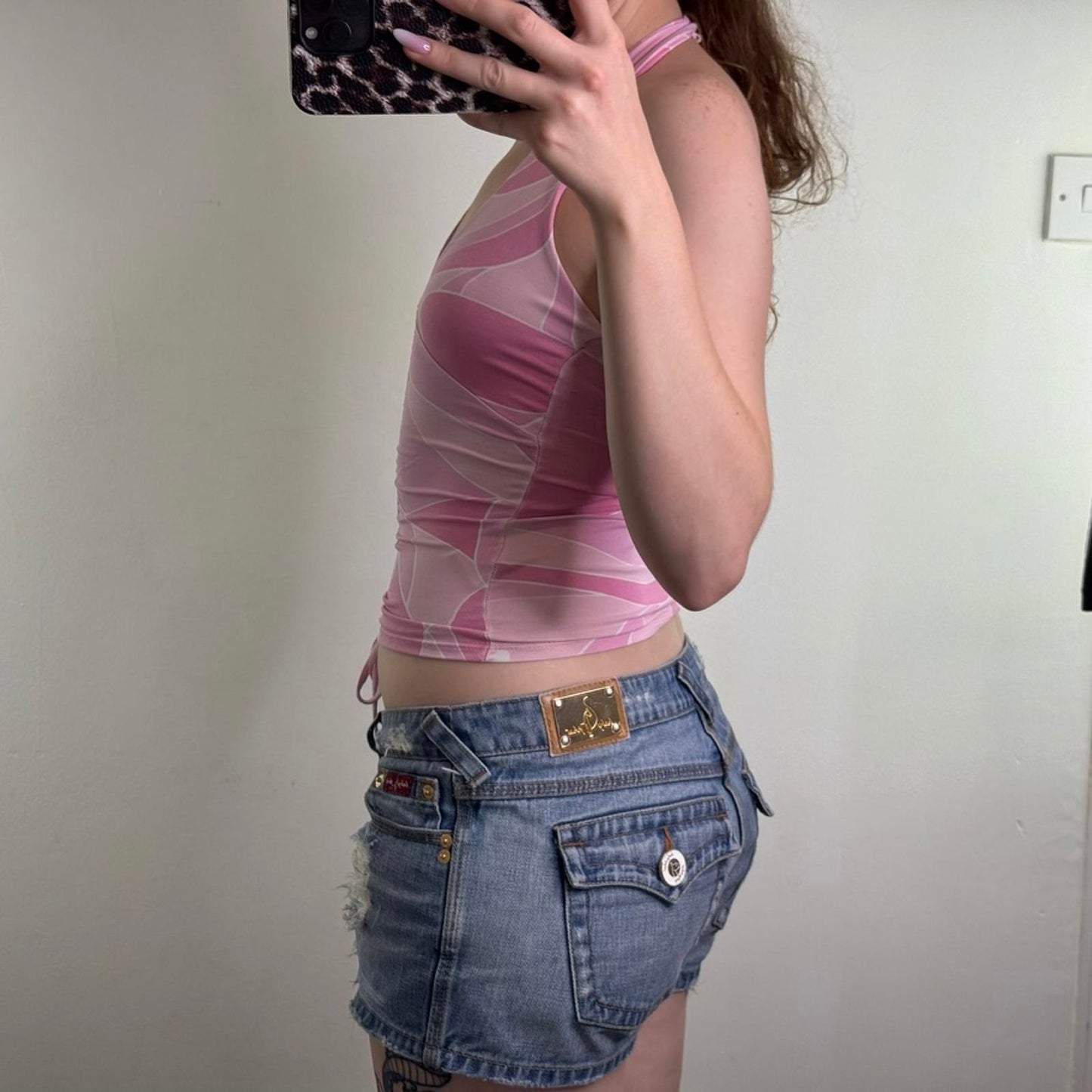 Y2K vintage Jane Norman slinky halter neck top pink ruched bow pattern