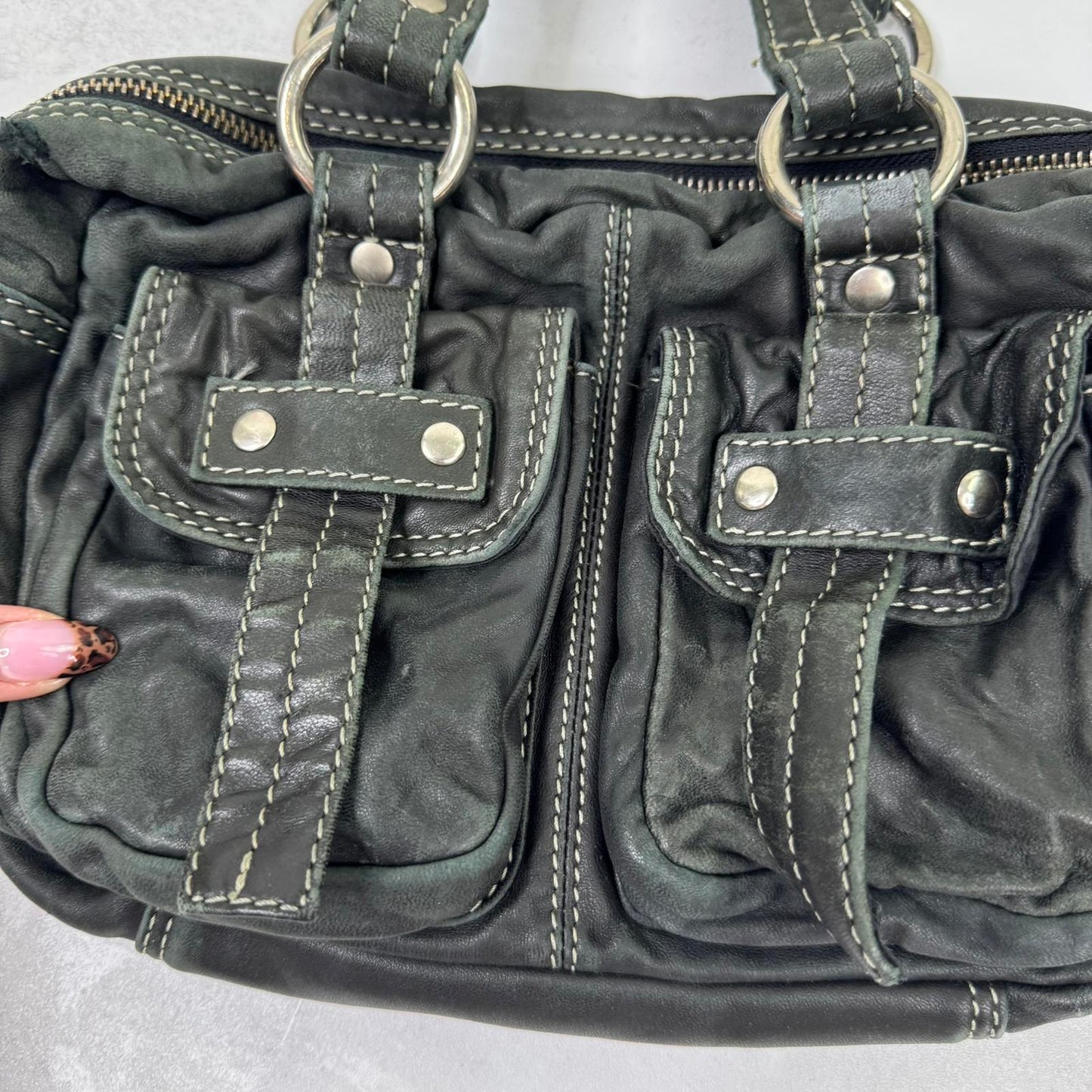 Y2K vintage 100% leather shoulder bag buckles pockets mini small o ring
