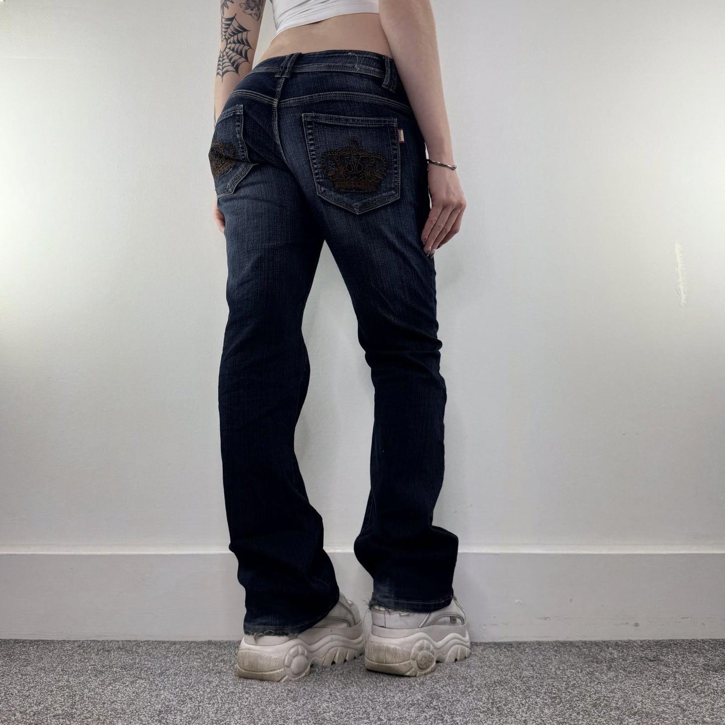 Y2K vintage low rise crown embroidered bootcut denim jeans dark blue faded