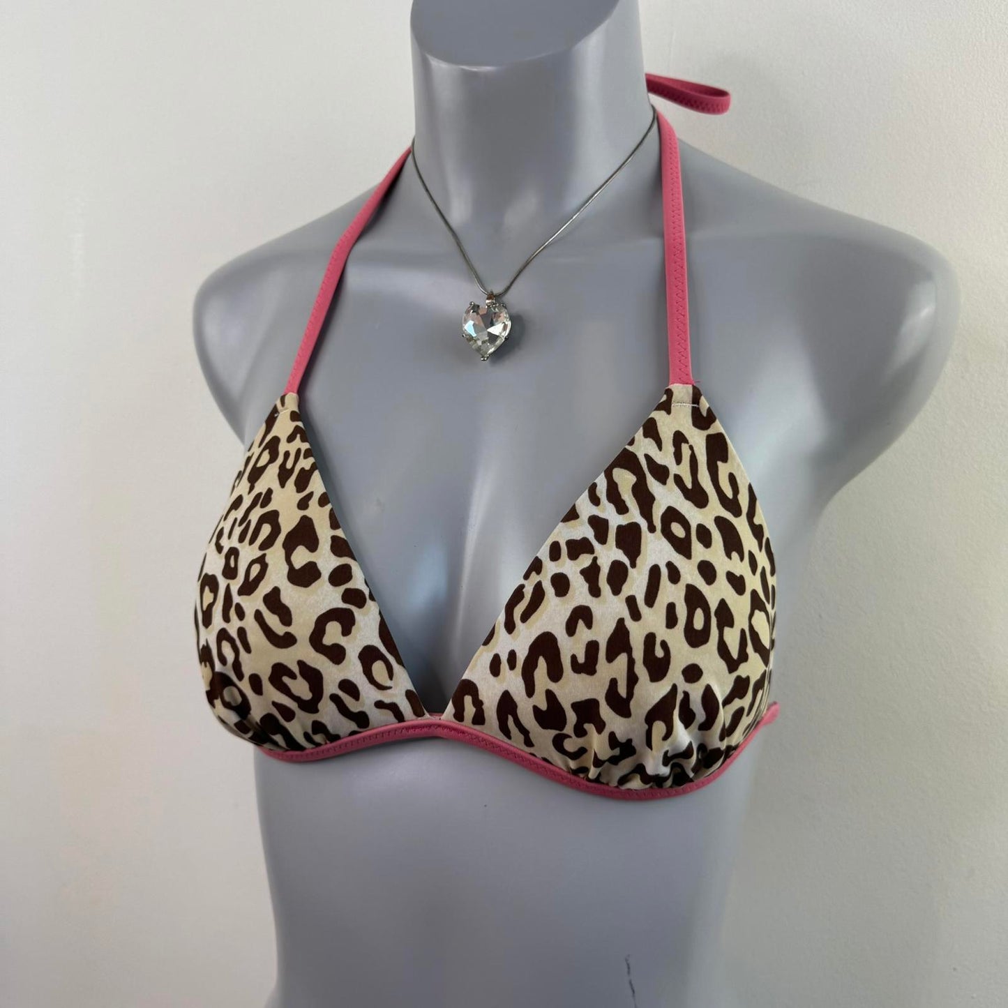 Y2K vintage leopard print halter neck bikini top ruched bust padded