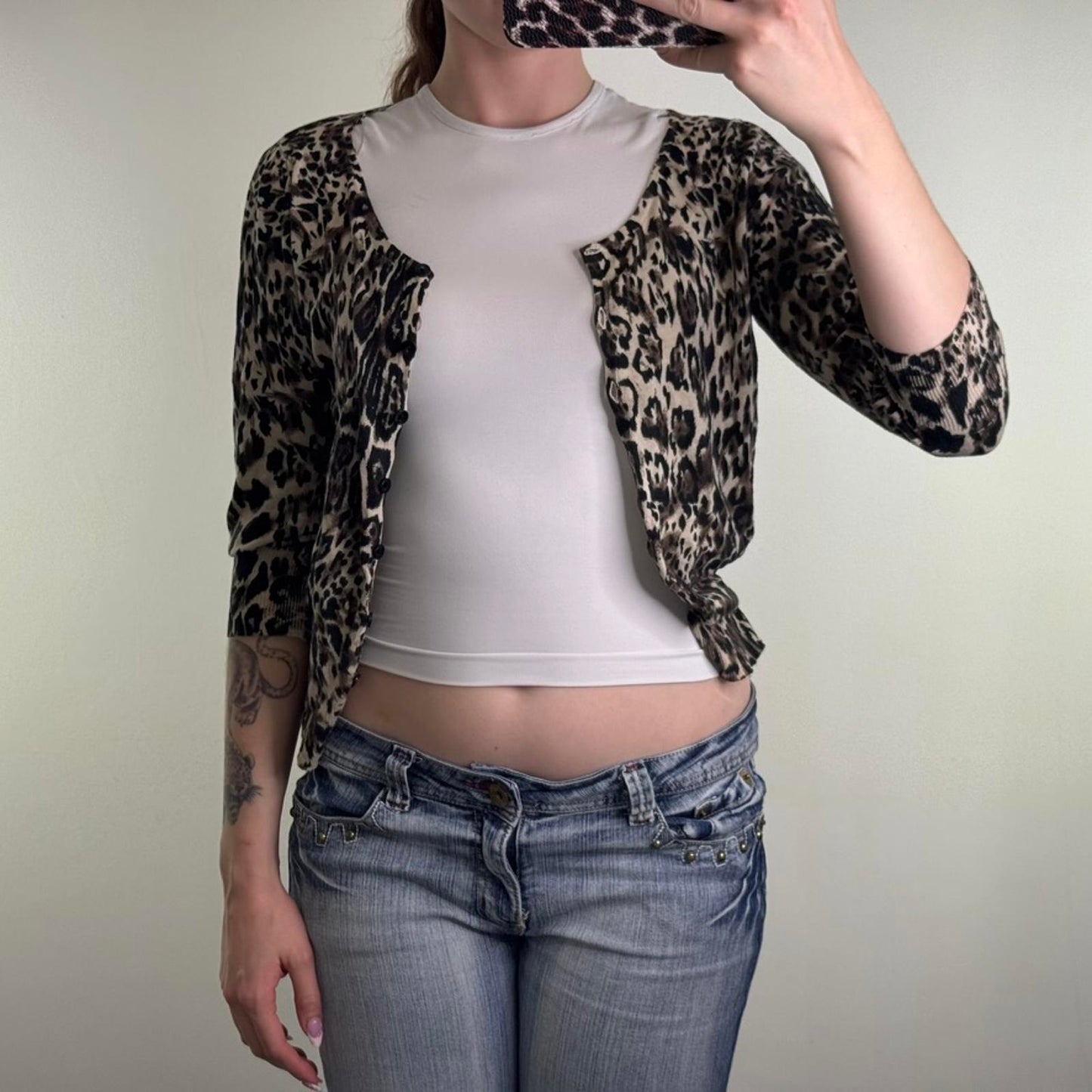 Y2K vintage New Look fine knit leopard print cardigan button up 3/4 sleeve