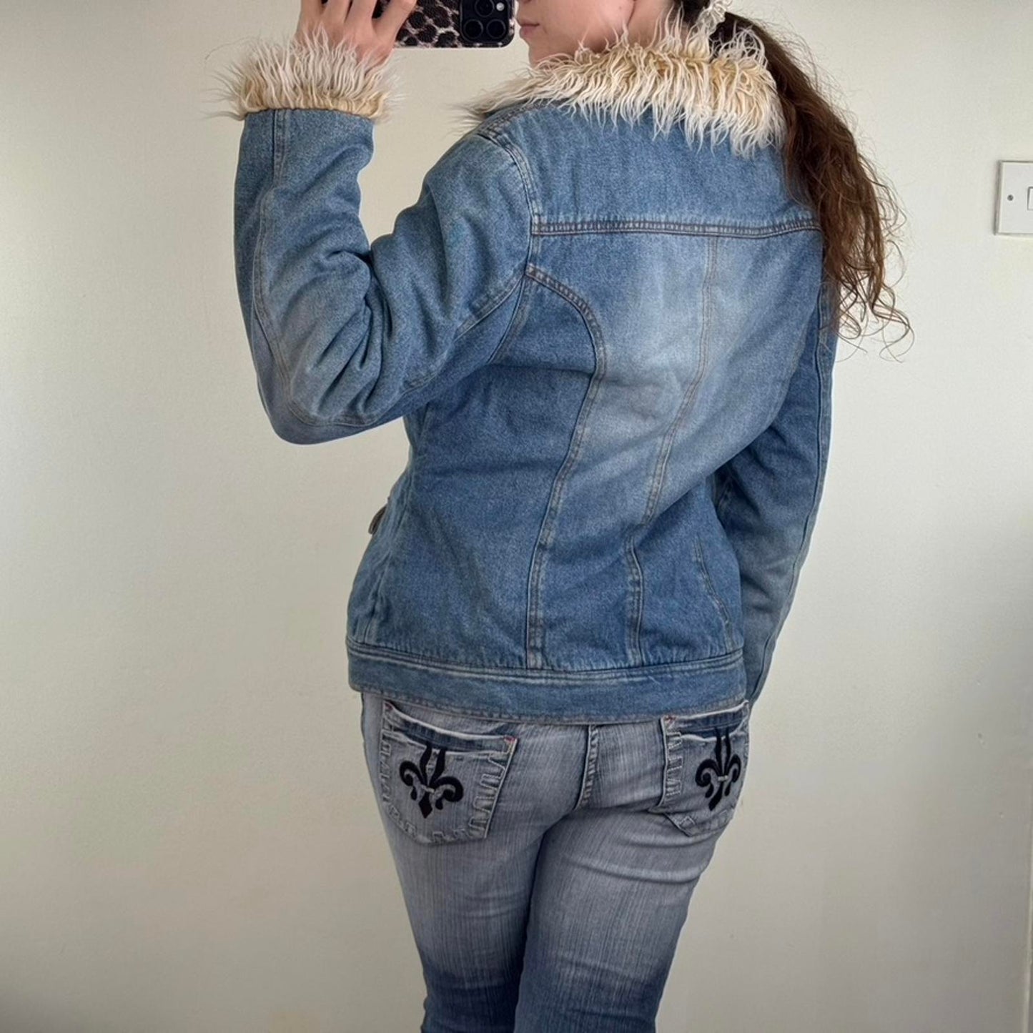 Y2K vintage Tammy denim jacket zip up faux fur trim fleece lined cargo pockets