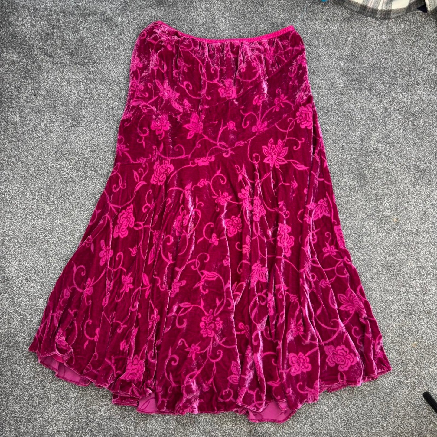 Y2K vintage part silk velour maxi skirt floral a line hot pink stretchy lined