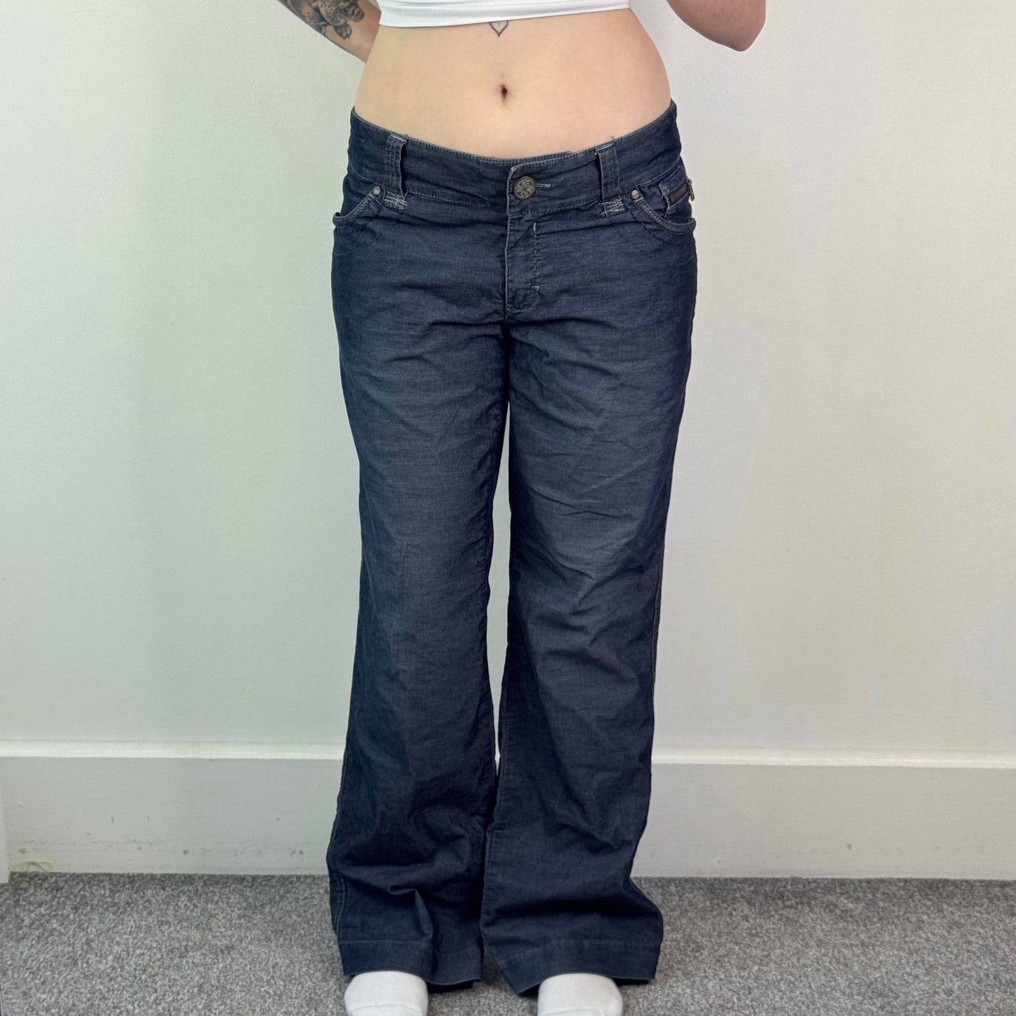 Y2K vintage mid rise baggy wide leg flared denim jeans lightweight embroidered