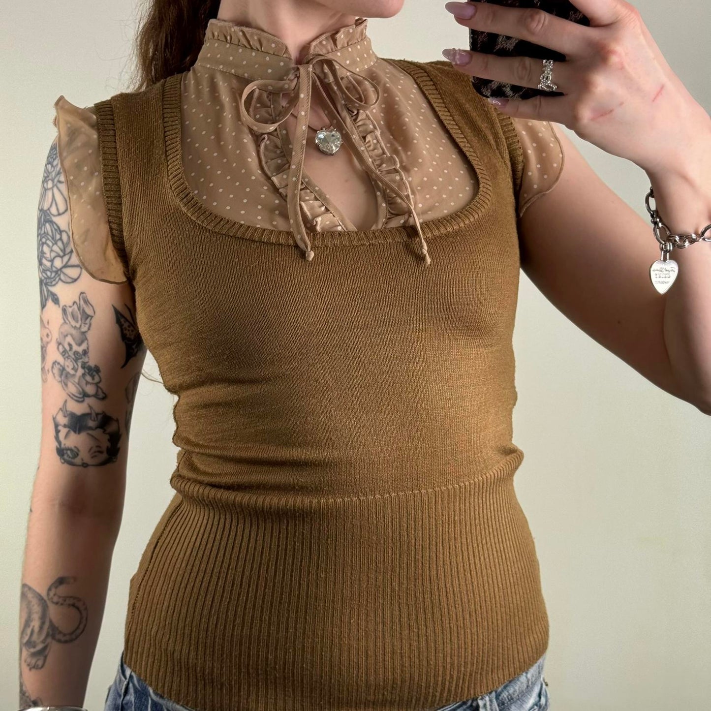 Y2K vintage fine knitted blouse sleeveless polka dot frill high neck