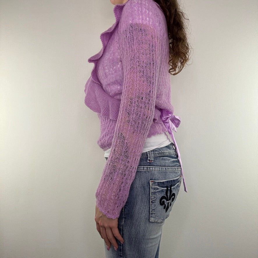 Y2K vintage crochet knit wrap around cardigan v neck long sleeve frill romantic
