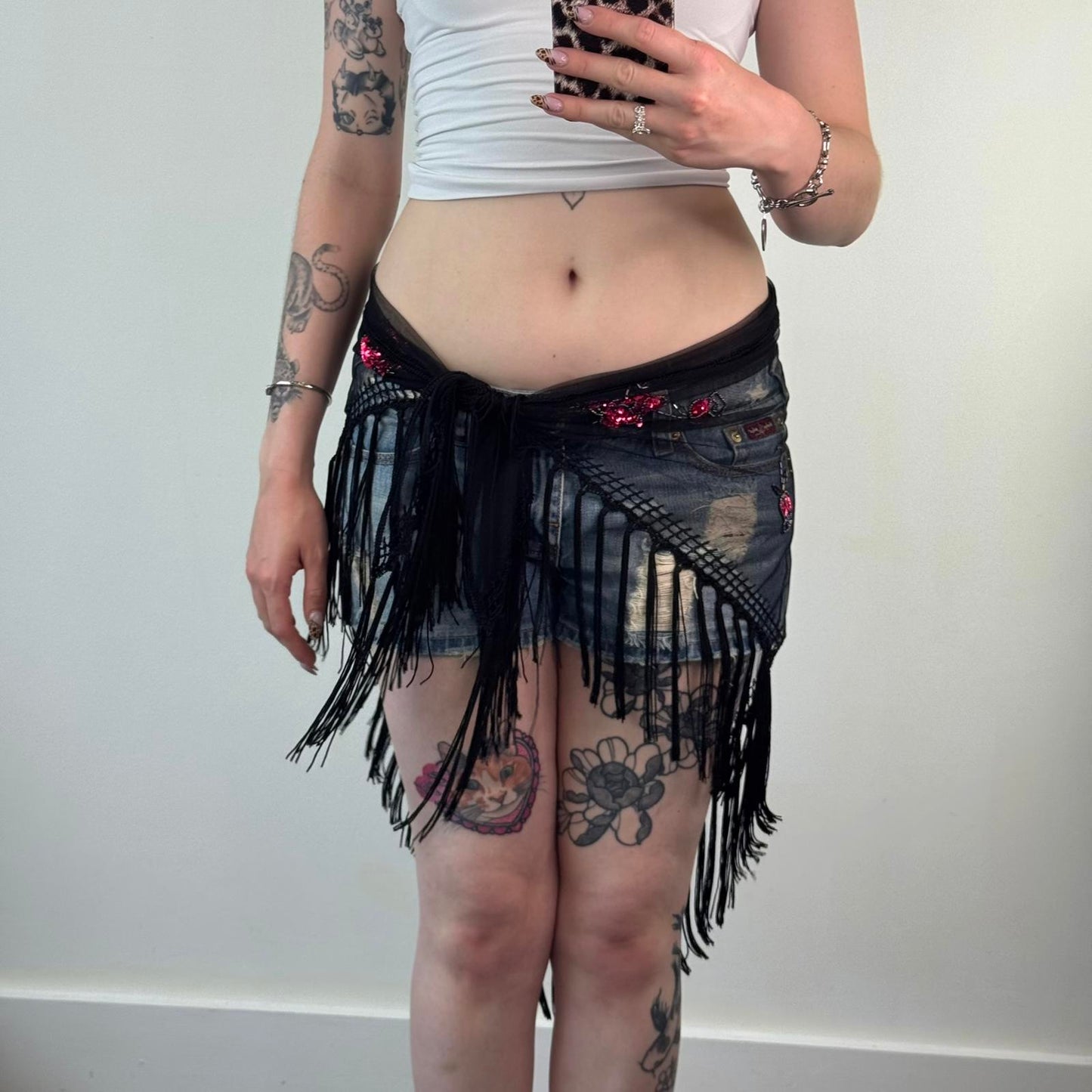 Y2K vintage mesh floral sheer sequin tassel sarong cover up shawl embellished