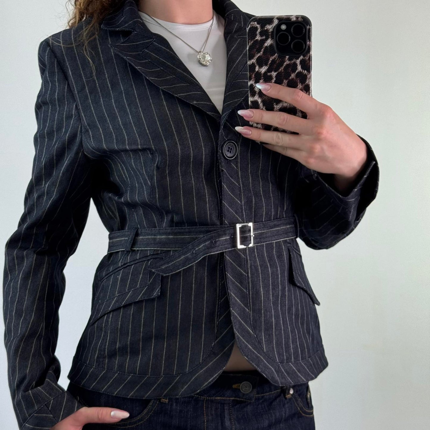 Y2K vintage Karen Millen navy denim pinstripe button up blazer jacket belt