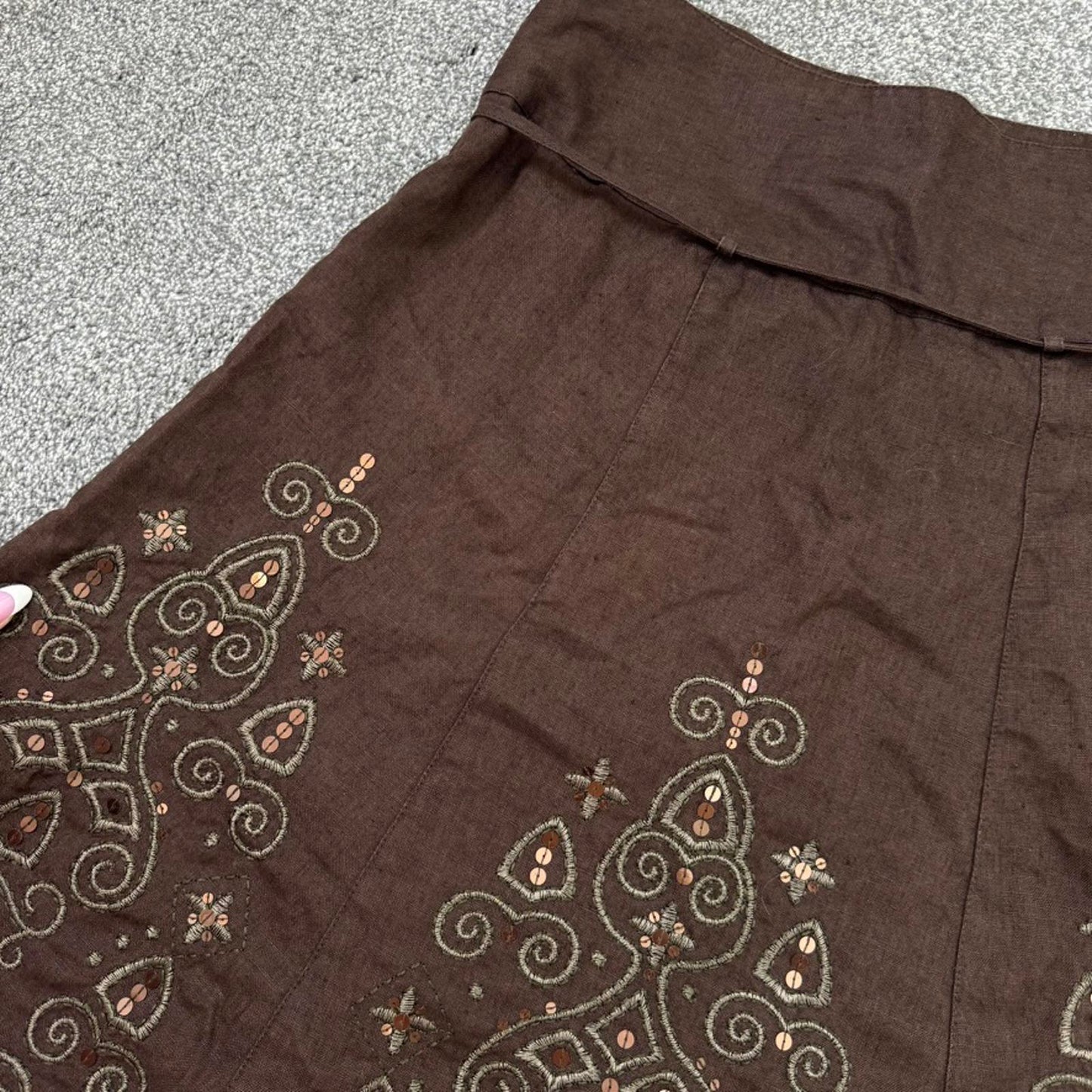 Y2K vintage 100% linen sequin embroidered embellished midi skirt a line belt