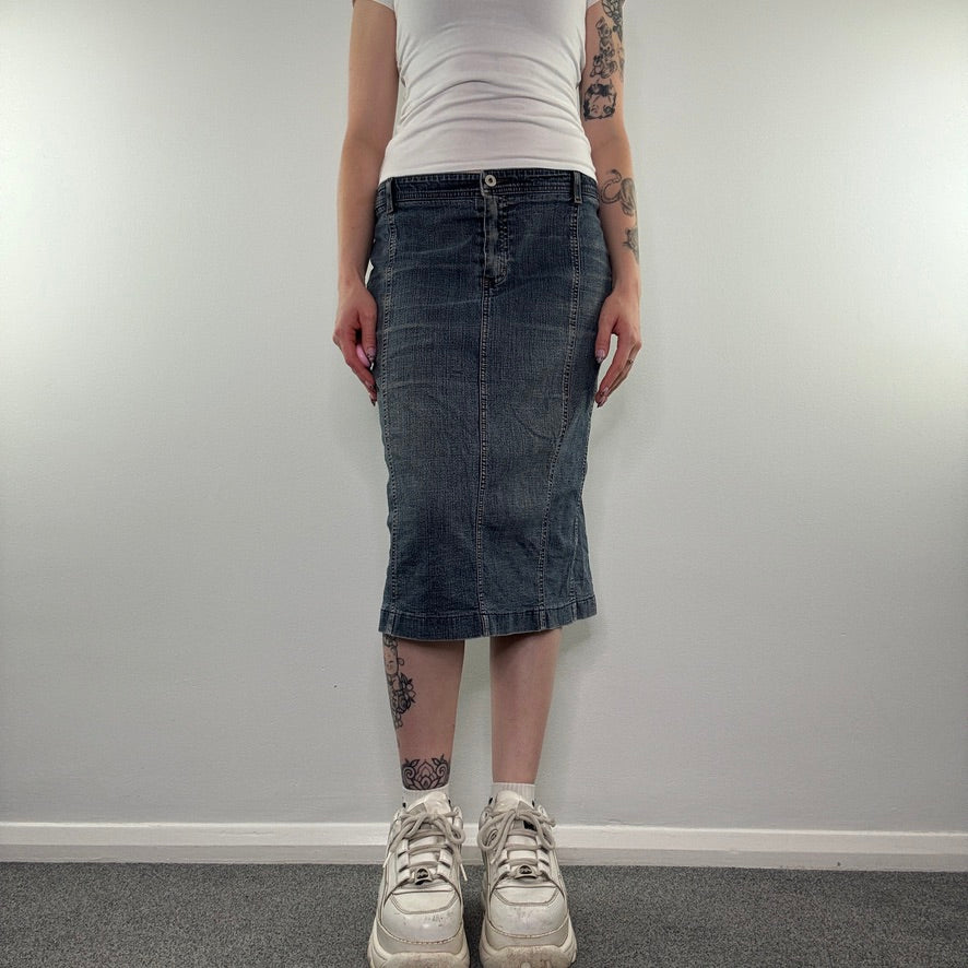 Y2K vintage low rise faded denim midi skirt