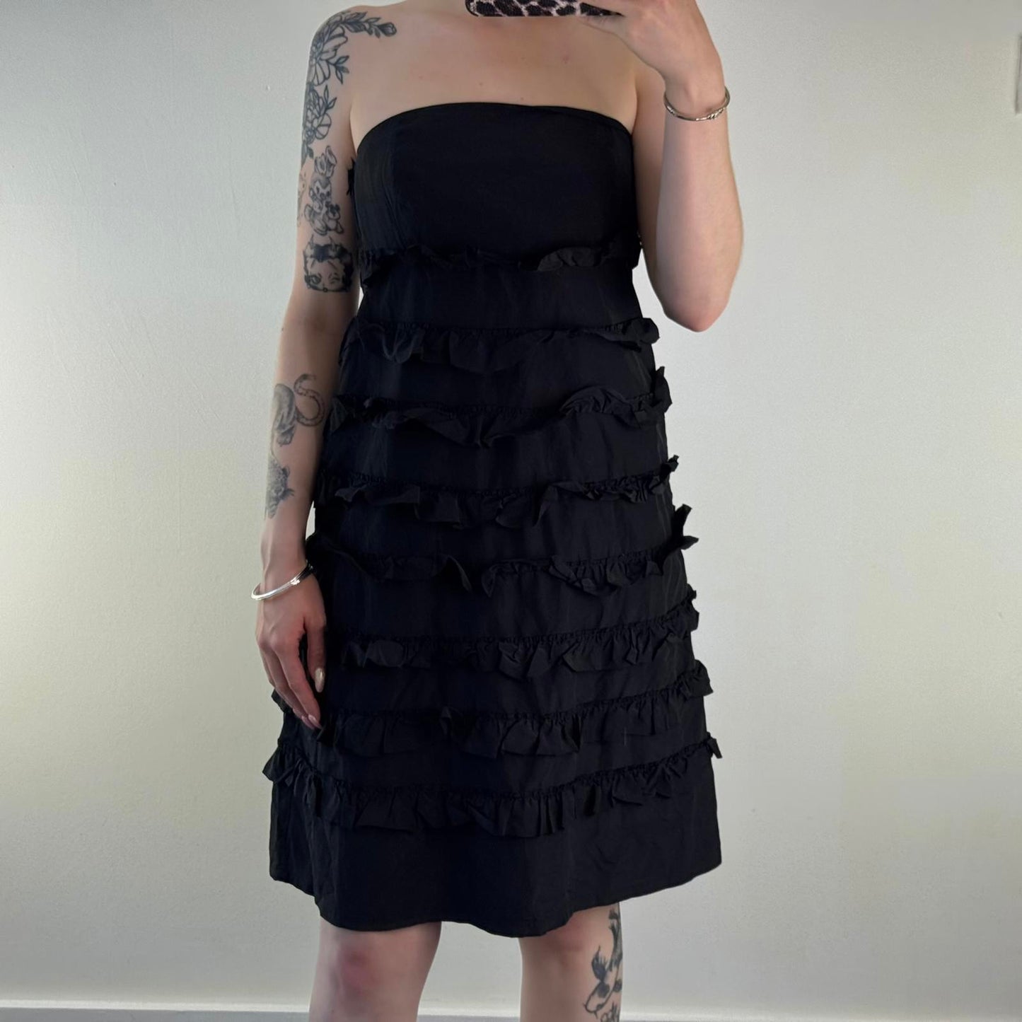 Y2K vintage Gap part silk ruffle strapless midi dress a line tiered black