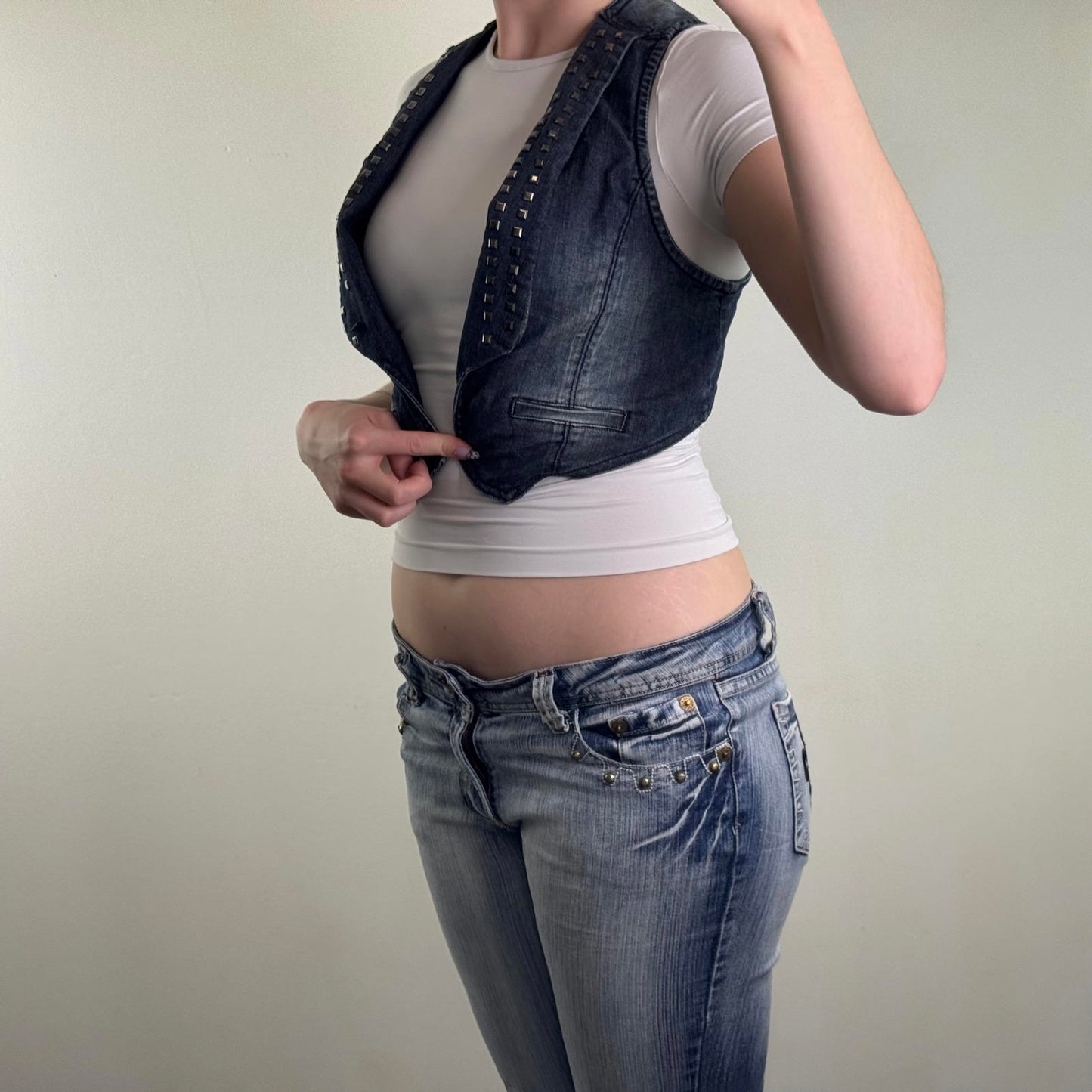 Y2K vintage studded open denim waistcoat jacket faded wash blue sleeveless