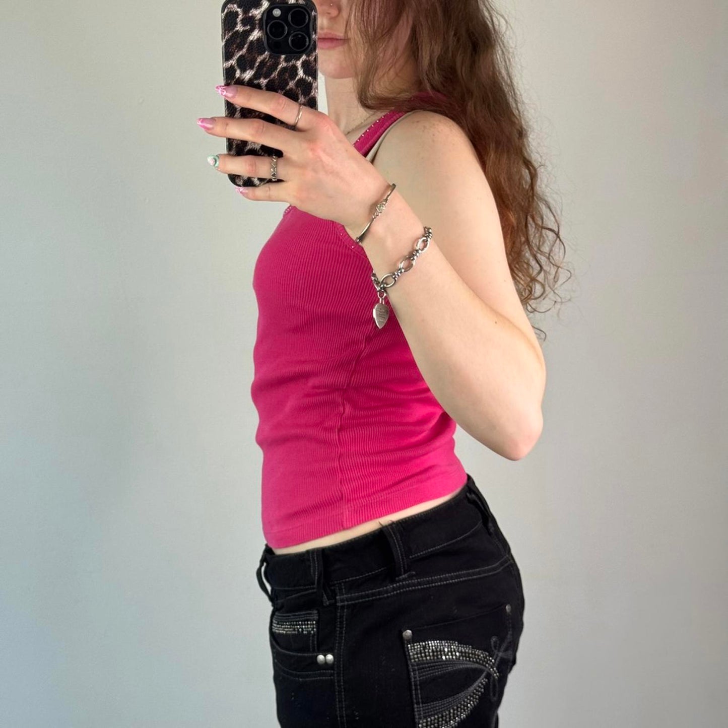 Y2K vintage hot pink tank top rhinestone round neckline ribbed stretchy basic