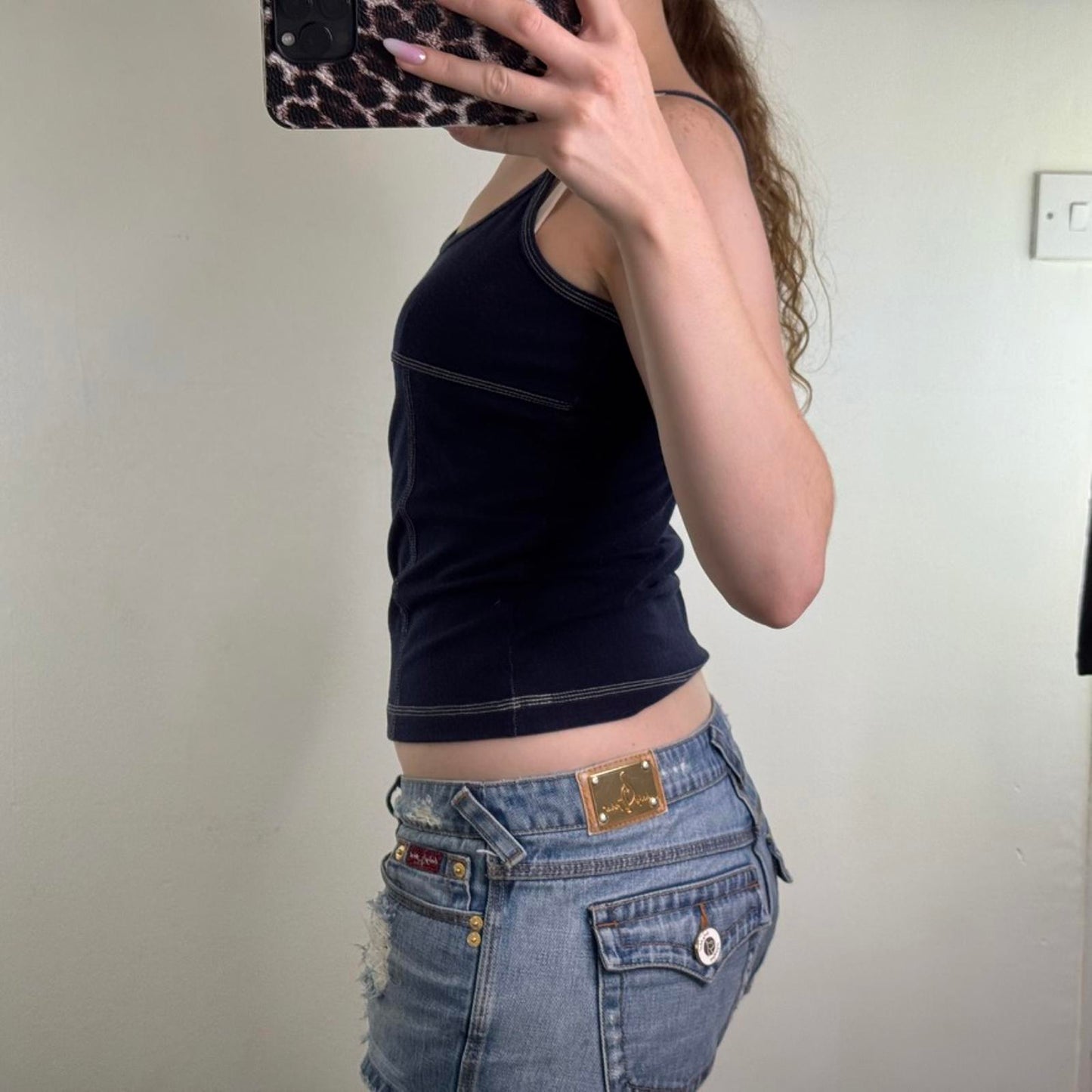 Y2K vintage denim style stretchy cami top strappy contrast stitch sporty