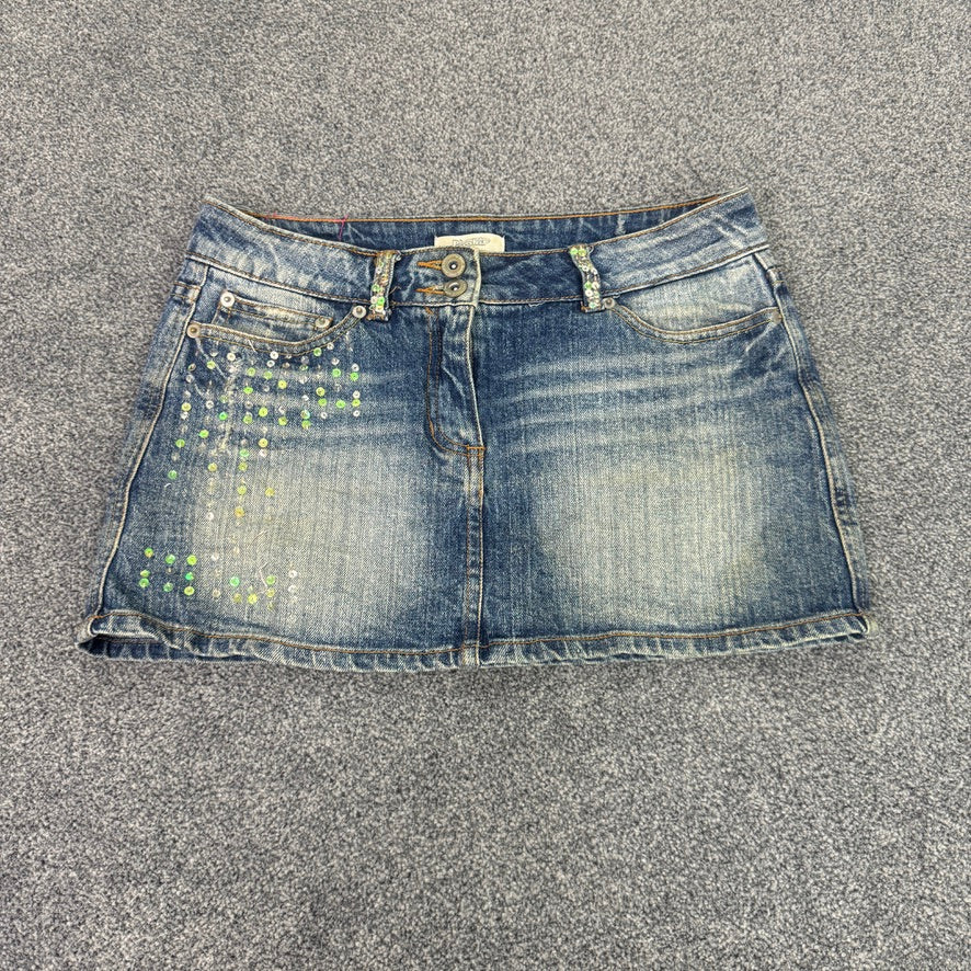 Y2K vintage low rise sequin faded denim mini skirt