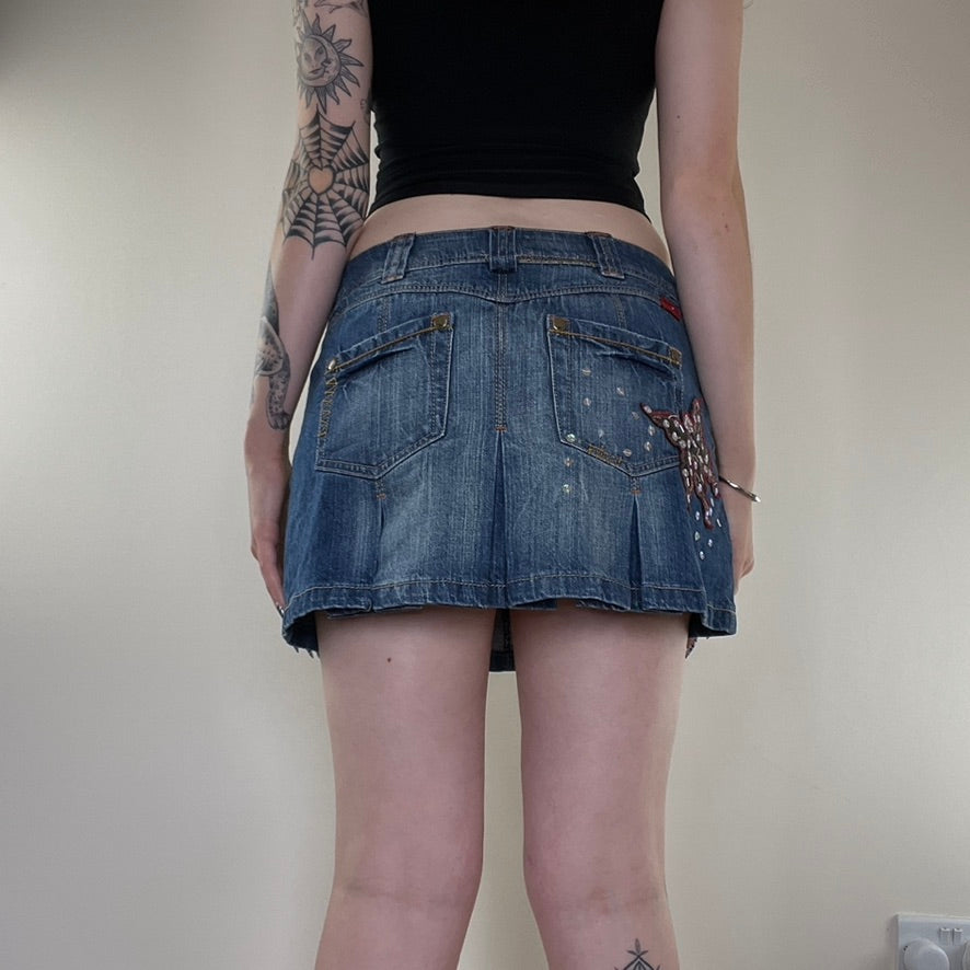 Y2K sequin butterfly pleated denim mini skirt