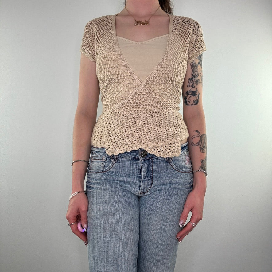 Y2K crochet wraparound short sleeve cardigan