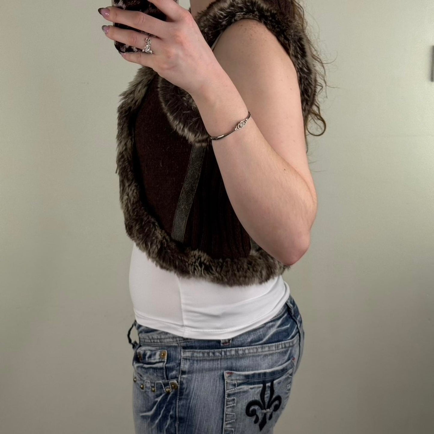 Y2K vintage wool blend gilet faux fur cropped knit open bow front sleeveless