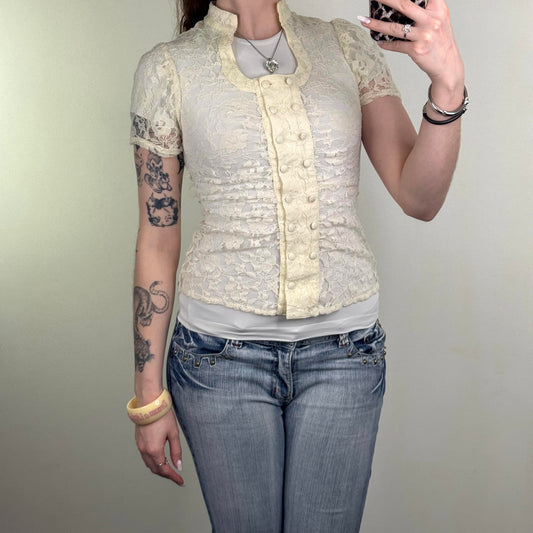 Y2K vintage lace sheer short sleeve top military buttons cream floral coquette
