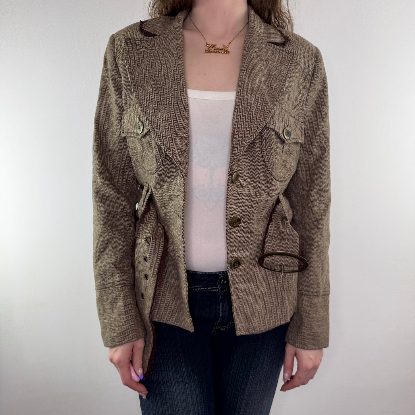 Y2K vintage herringbone lace trim tweed jacket with belt