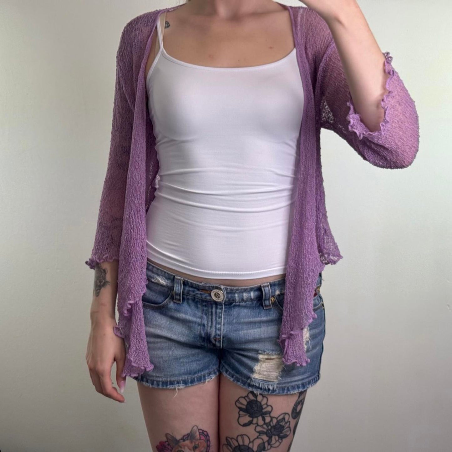 Y2K vintage fine knit cardigan tie front bow 3/4 sleeve sheer lilac shrug