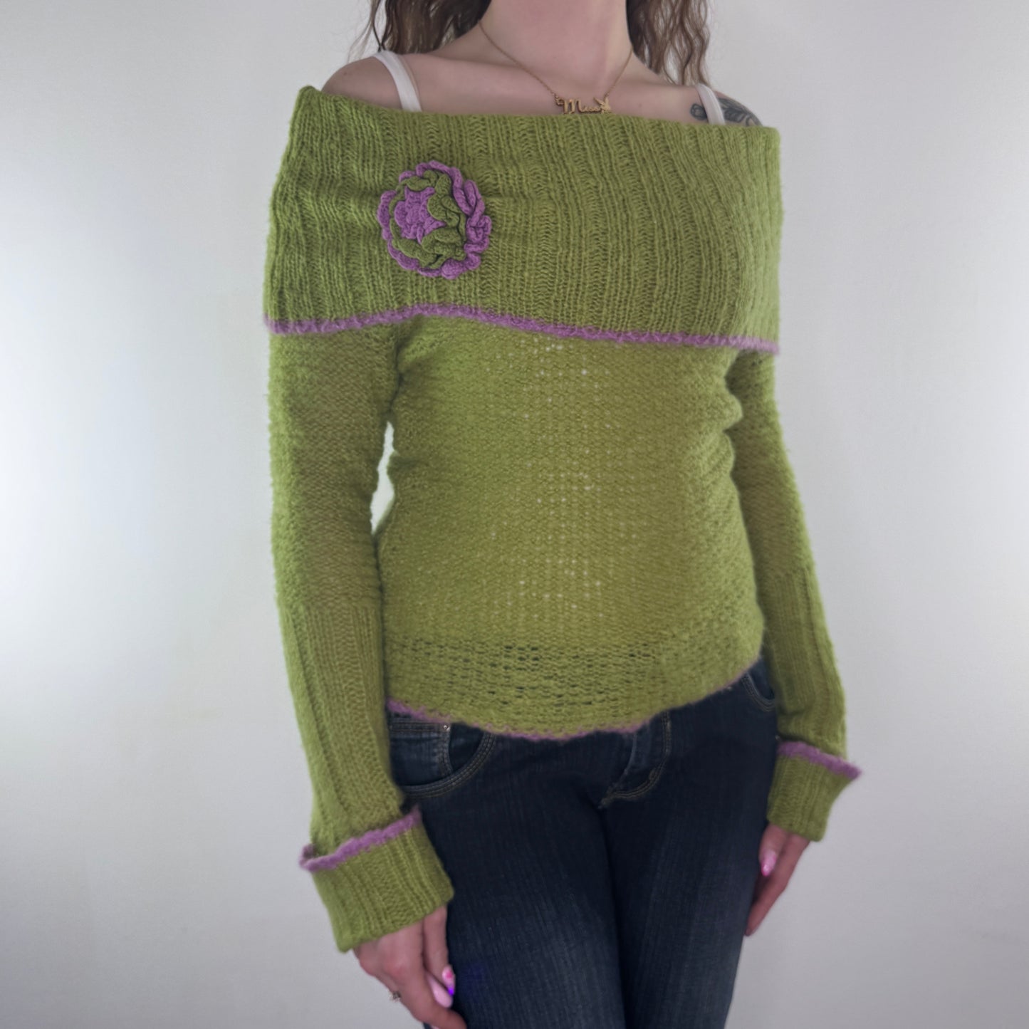 Y2K vintage off the shoulder flower knit jumper