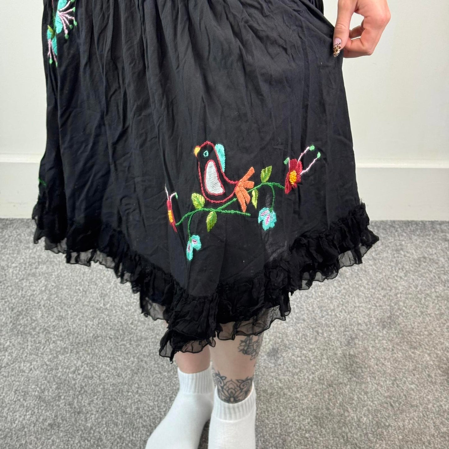 Y2K vintage boho denim cotton tiered embroidered midi skirt floral bird ruffle