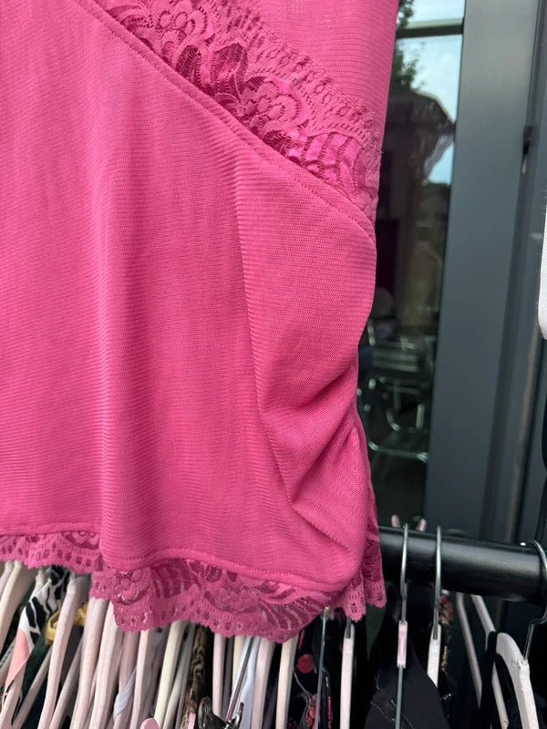 Y2K vintage mesh ruched side lace trim pink
