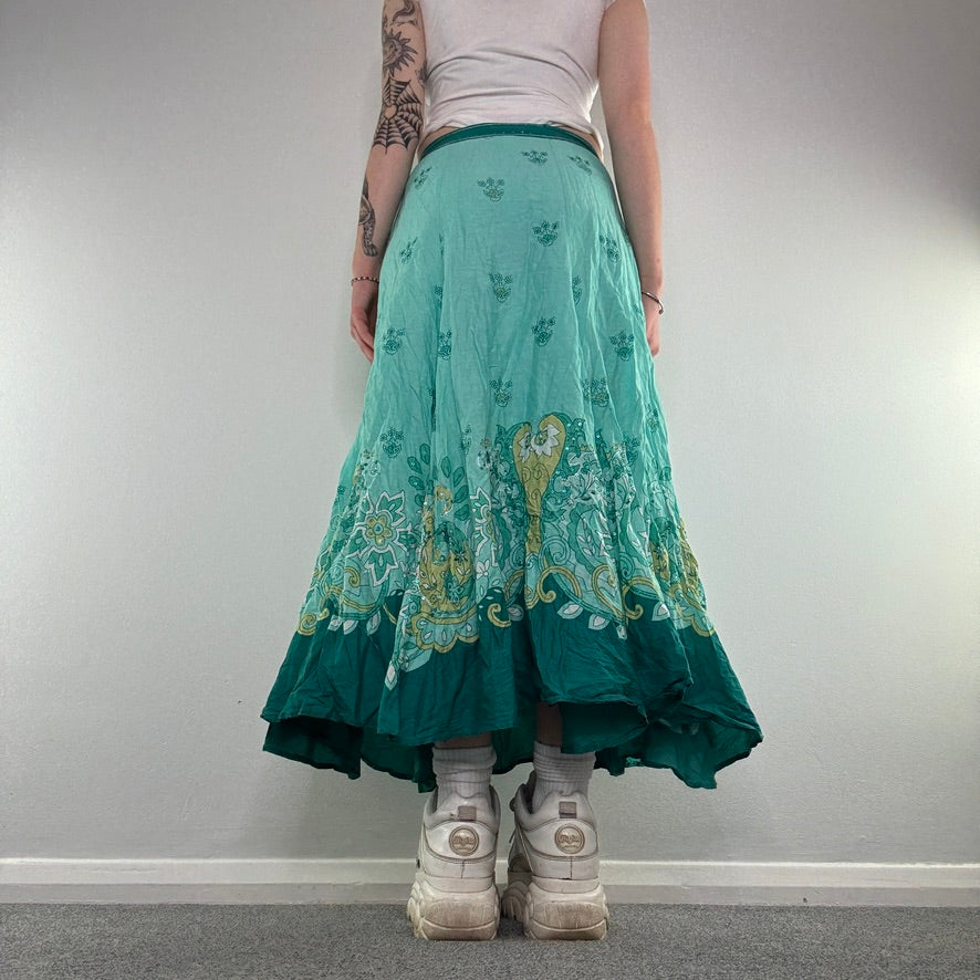 Y2K sequin floral boho pattern summer floaty maxi skirt