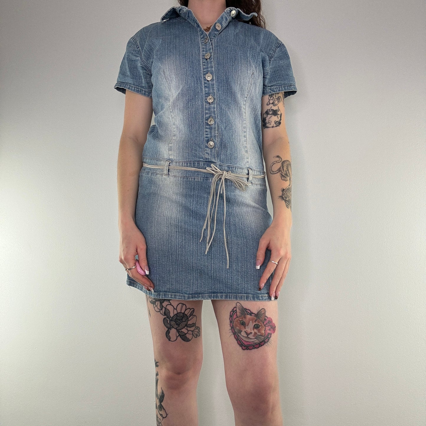 Y2K faded denim mini dress with belt