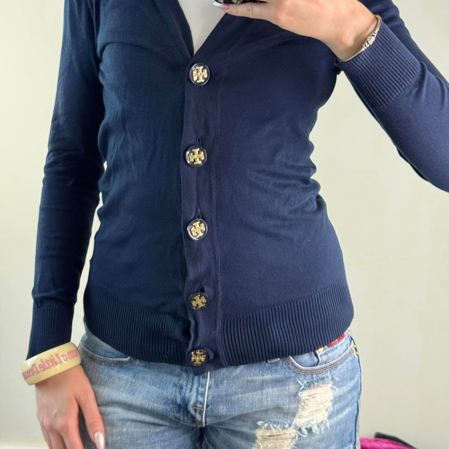 Tory Burch button up cardigan cotton navy v neck long sleeve fine knit