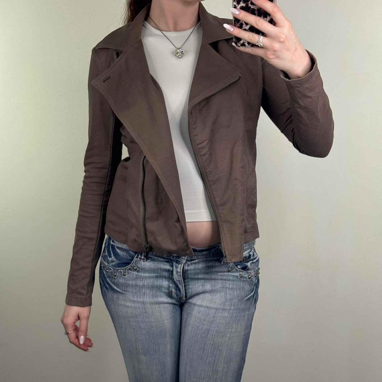 Y2K vintage archive asymmetrical zip up jumper fitted light brown stretchy