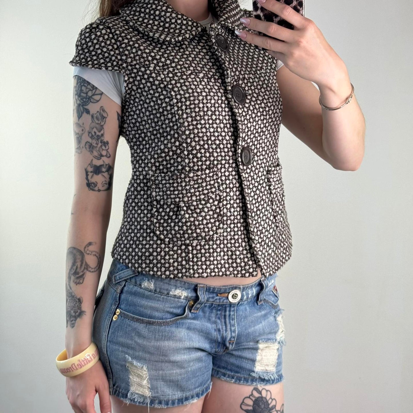 Y2K vintage sparkly part wool button up short sleeve jacket archive brown white