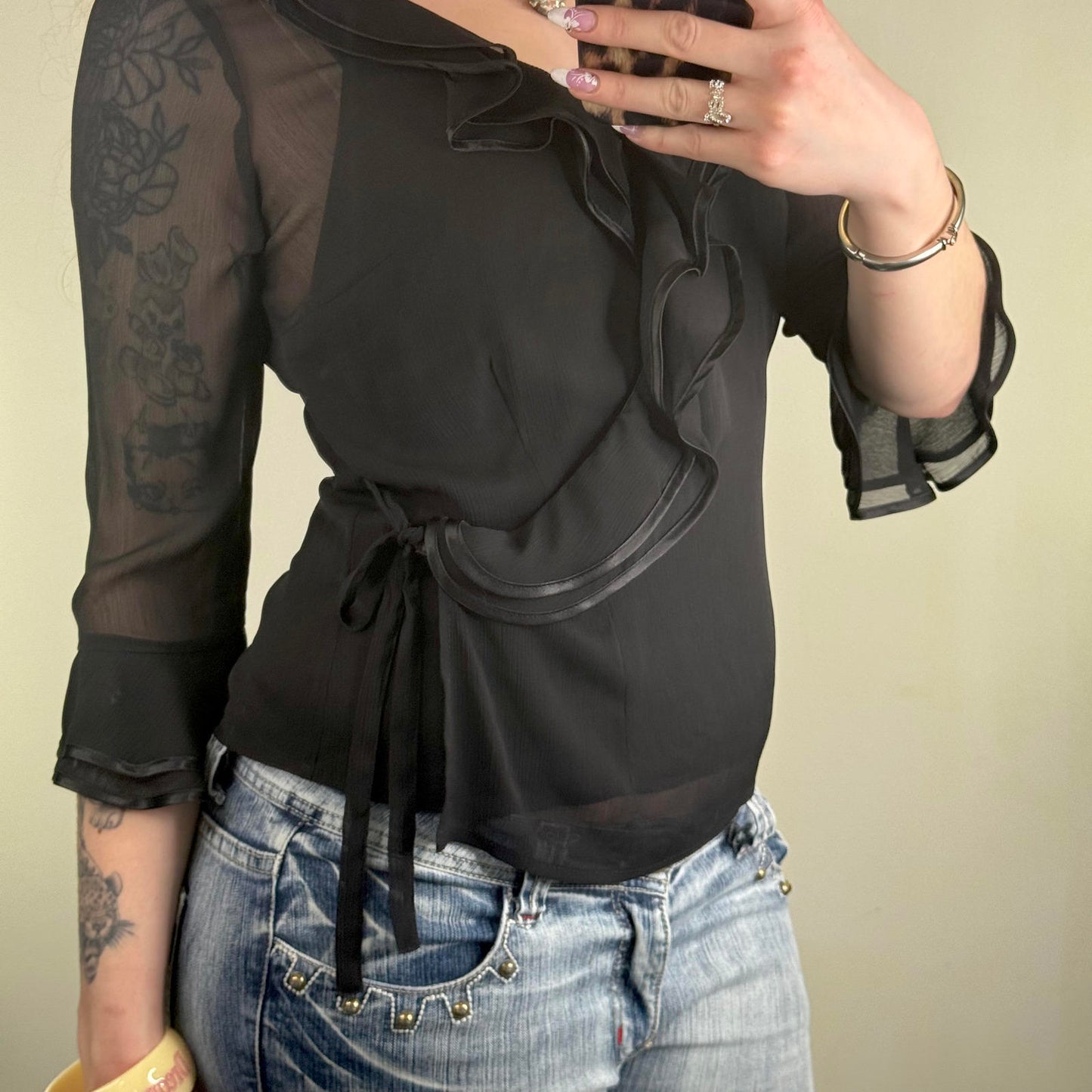 Y2K vintage blouse 3/4 sleeve sheer wrap ruffle with cami top v neck bow layered