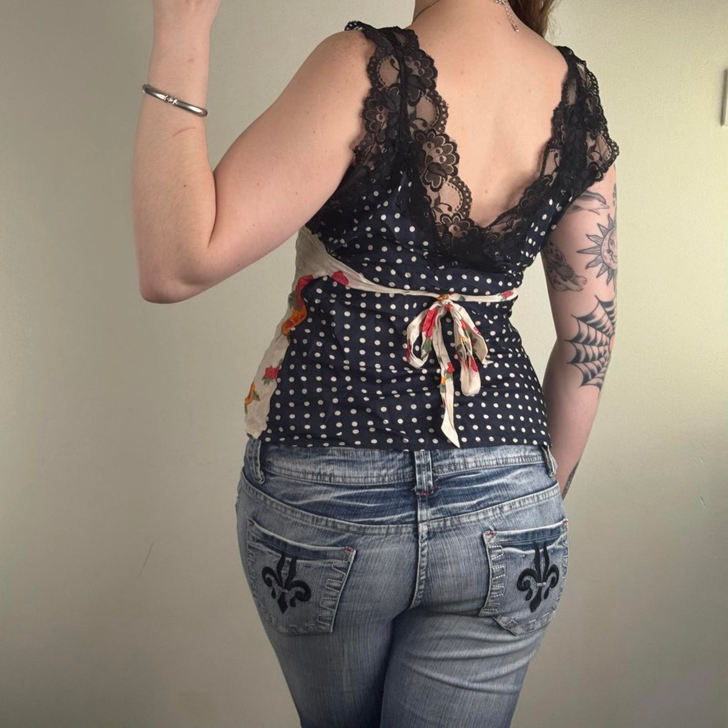 Y2K vintage silk blouse sleeveless floral polka dot lace trim adjustable bow