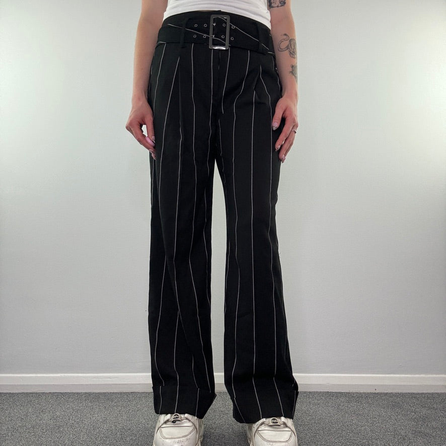 Y2K vintage pinstripe belt wide leg office work trousers