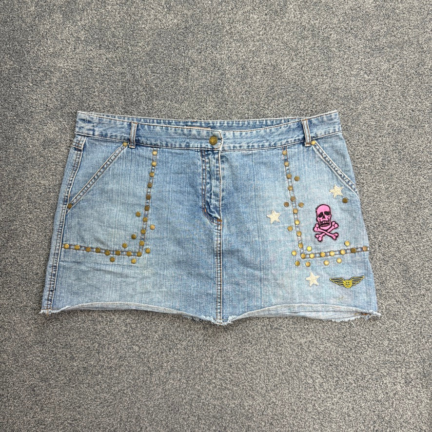 Y2K low rise skull patches studded denim mini skirt