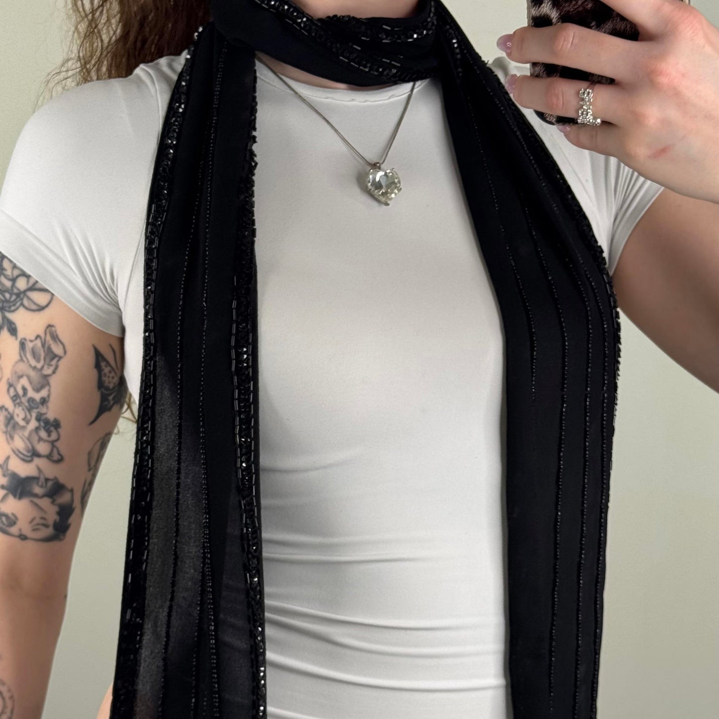 Y2K vintage beaded sequin sheer scarf embellished black