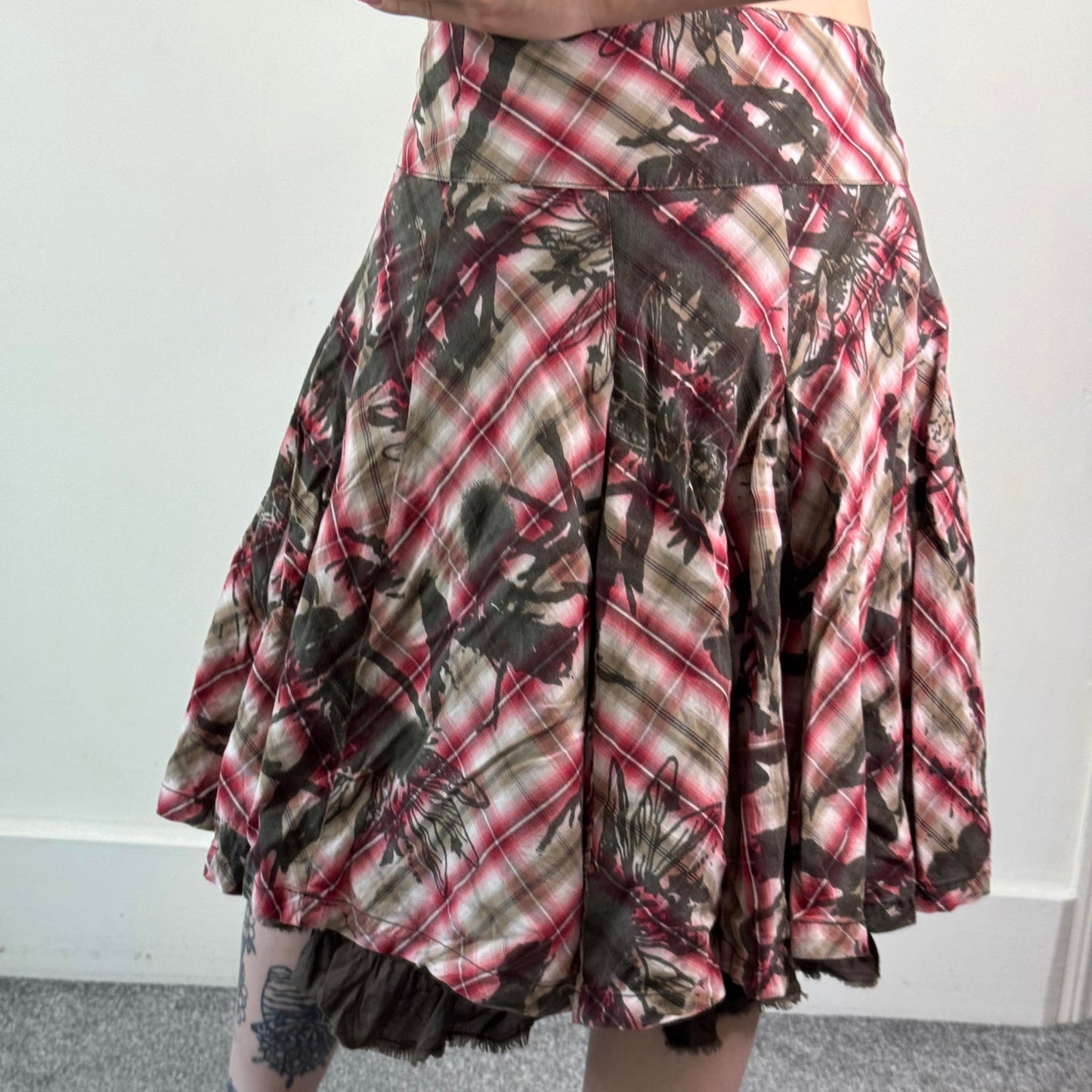 Y2K vintage O'Neill tartan floral midi skirt sequin brown red white a line XL