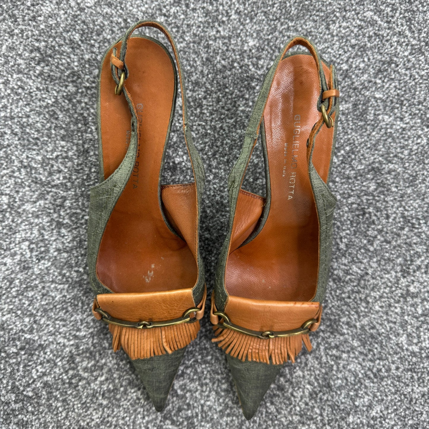 Y2K vintage denim kitten heels pointed leather fringe buckle snaffle bit archive