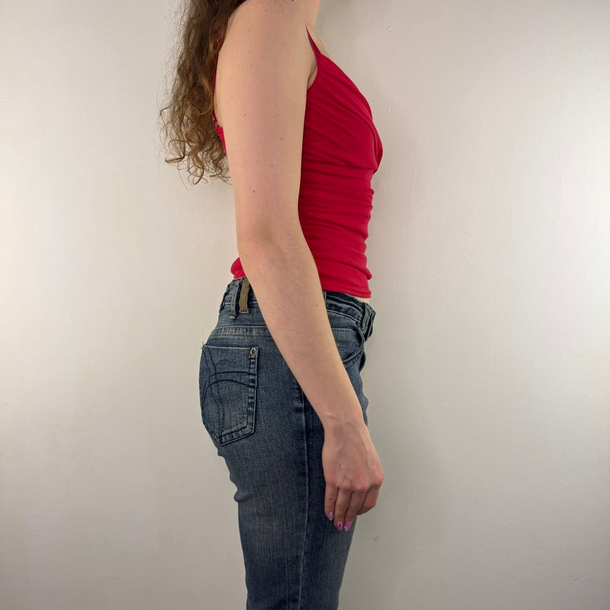 Y2K vintage red mesh ruched cami top